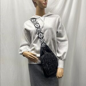 Sam & Hadley Women's Black Engraved with Embroidered Strap Crossbody Bag NWOT